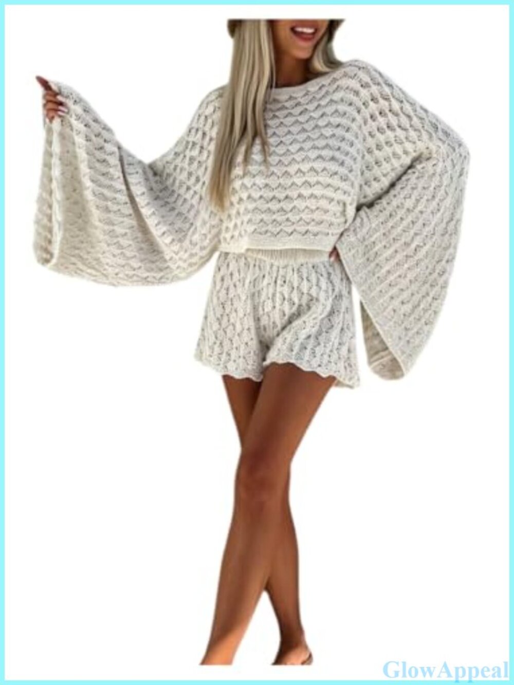 Crochet Knit Two Piece Short Set Long Sleeve Boat Neck Women's